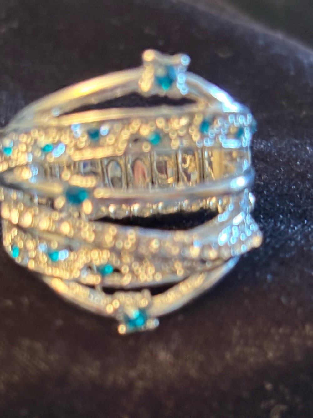 Silver-Tone Multi-Row Ring with Teal Accent Stones